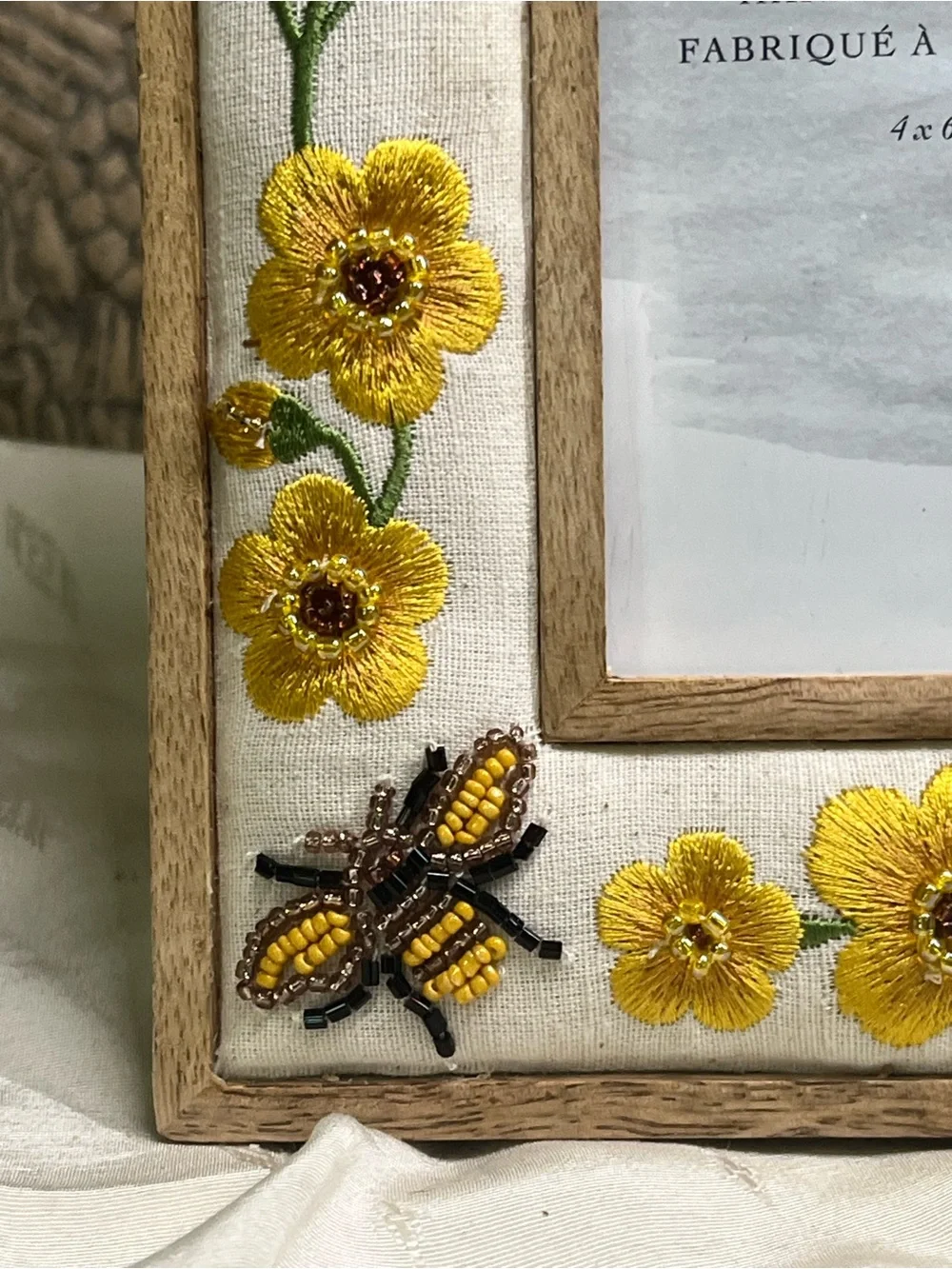 Handcrafted Embroidered Beaded Flower & Bumblebee 4”x6” Photo Picture Frame